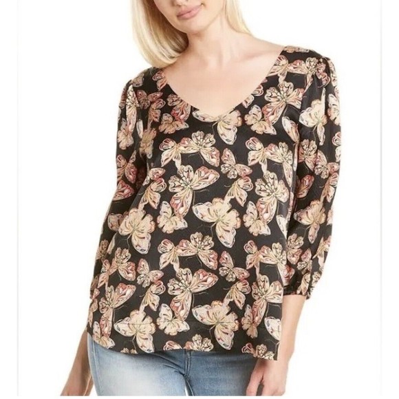 Johnny Was Top Womens Large Akil Flowy Silk Butterfly Print Blouse - Picture 1 of 10